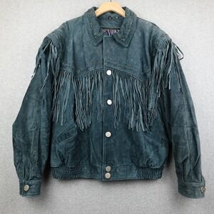 Vintage Beyond Leather Jacket Mens M Teal Suede Fringe Western Tassel Cowboy
